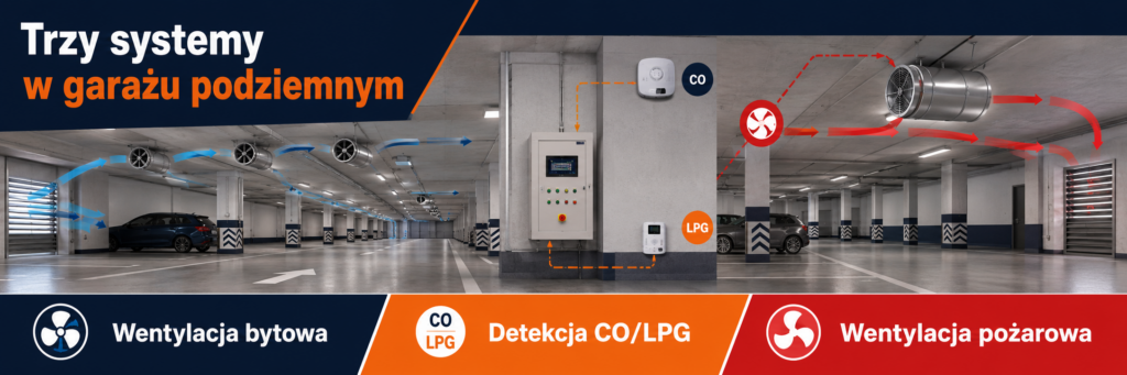 Wentylacja bytowa, detekcja CO/LPG i wentylacja pożarowa garażu